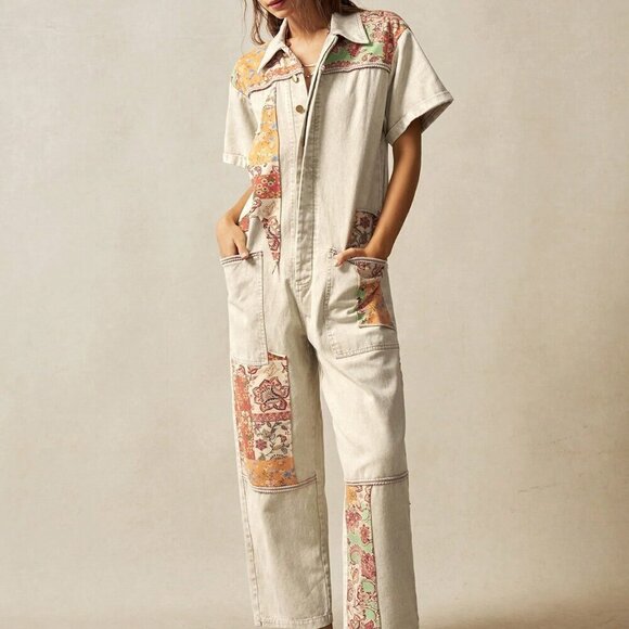 Khaki Casual Women's Boho Western Cowgirl Style Floral Patchwork Jumpsuit